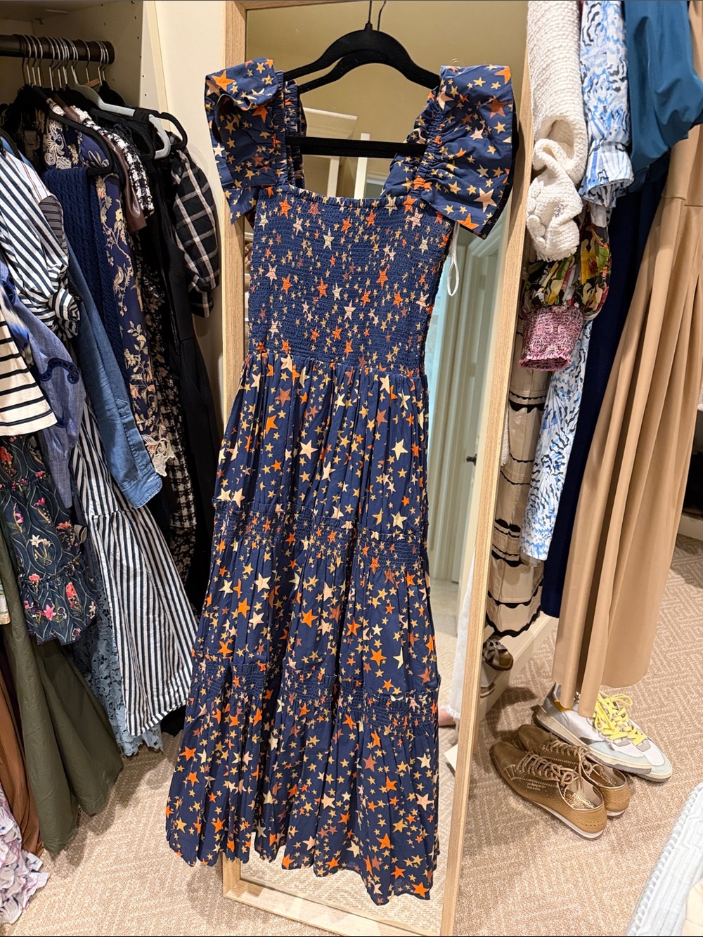 Smocked Navy Star-Print Midi Dress with Ruffled Straps
